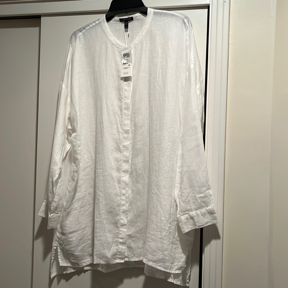 Eileen Fisher relaxed linen long sleeve tunic-swing silhouette.  Mandarin collar